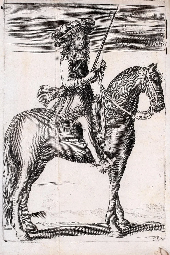 An illustration from L'art de monter à cheval : pour elever la noblesse dans les plus beaux airs du manege : enseignée & pratiquée par les illustres & fameux ecuyers de France, tant pour les voltes, caprioles, courbettes, passades, sauts de terre à terre, courses de bagues; que pour tout ce que le cavalier doit sçavoir pour se rendre habile homme de cheval : avec les figures necessaires & les remedes pour guerir les maladies des chevaux, 1691, leaf 4