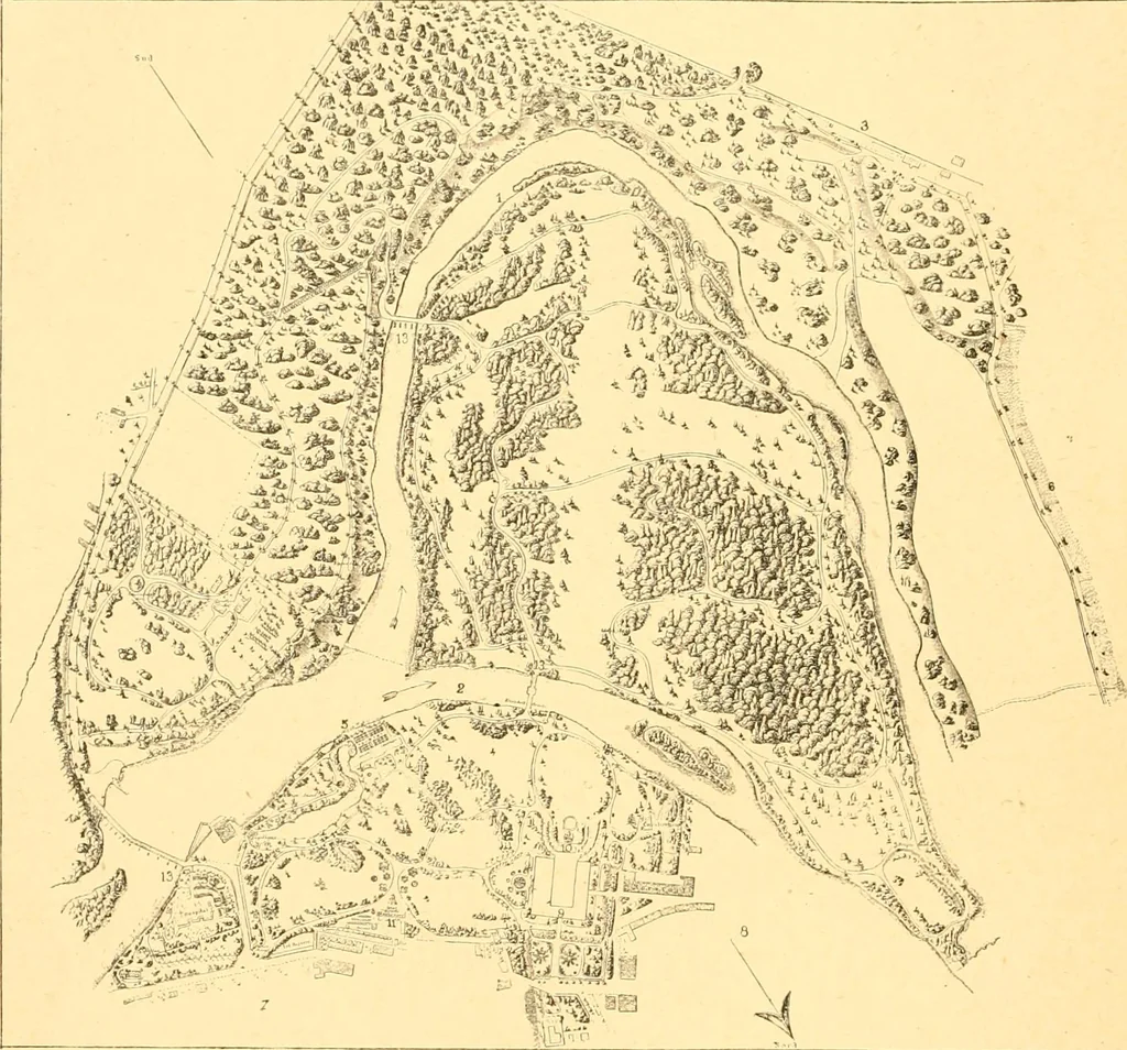 An illustration from L'art des jardins. Parcs--jardins--promenades--étude historique--principles de la composition des jardins--plantations--décoration pittoresque et artistique des parcs et jardins publics; traité pratique et didactique, 1886, leaf 141