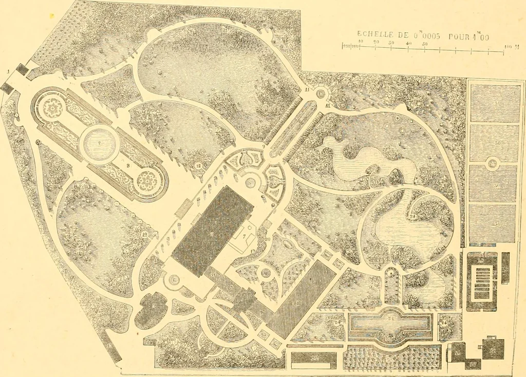 An illustration from L'art des jardins. Parcs--jardins--promenades--étude historique--principles de la composition des jardins--plantations--décoration pittoresque et artistique des parcs et jardins publics; traité pratique et didactique, 1886, leaf 197