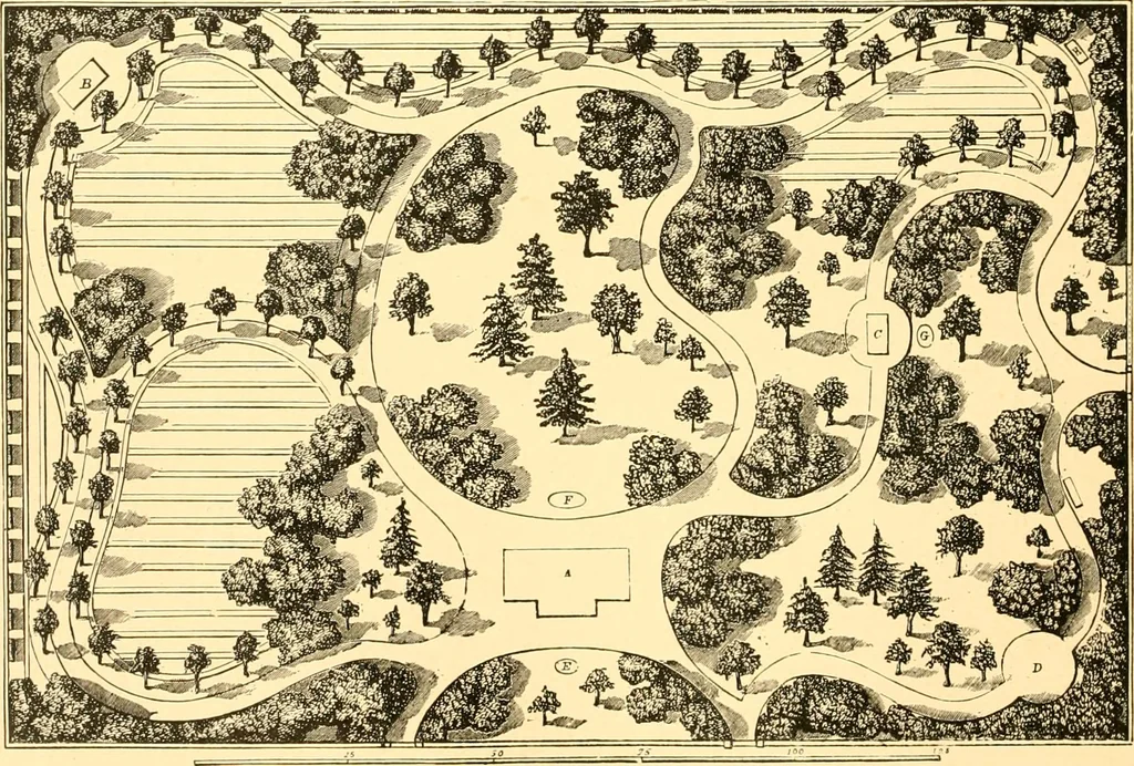 An illustration from L'art des jardins. Parcs--jardins--promenades--étude historique--principles de la composition des jardins--plantations--décoration pittoresque et artistique des parcs et jardins publics; traité pratique et didactique, 1886, leaf 249