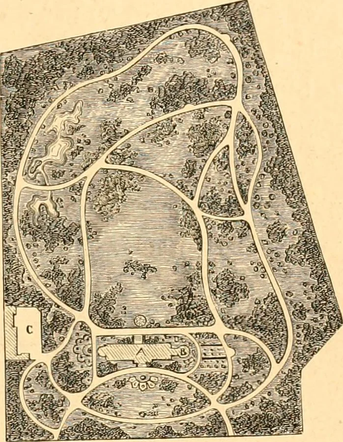 An illustration from L'art des jardins. Parcs--jardins--promenades--étude historique--principles de la composition des jardins--plantations--décoration pittoresque et artistique des parcs et jardins publics; traité pratique et didactique, 1886, leaf 300