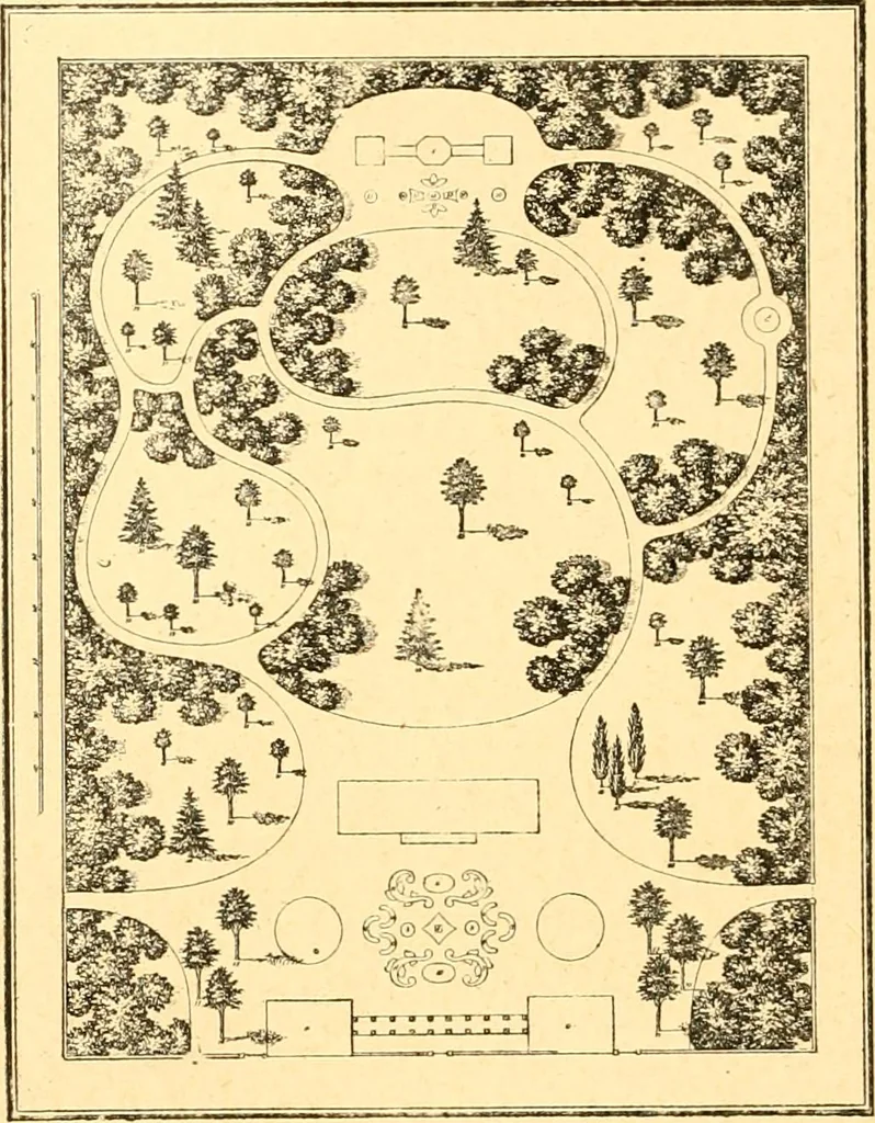 An illustration from L'art des jardins. Parcs--jardins--promenades--étude historique--principles de la composition des jardins--plantations--décoration pittoresque et artistique des parcs et jardins publics; traité pratique et didactique, 1886, leaf 303