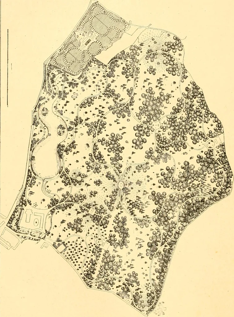 An illustration from L'art des jardins. Parcs--jardins--promenades--étude historique--principles de la composition des jardins--plantations--décoration pittoresque et artistique des parcs et jardins publics; traité pratique et didactique, 1886, leaf 309