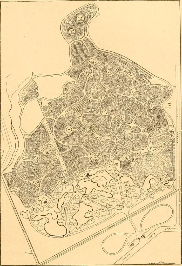 An illustration from L'art des jardins. Parcs--jardins--promenades--étude historique--principles de la composition des jardins--plantations--décoration pittoresque et artistique des parcs et jardins publics; traité pratique et didactique, 1886, leaf 352