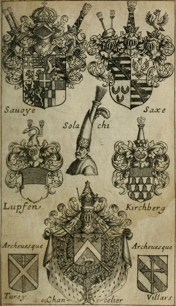 An illustration from L'art du blason justifié, ou, Les preuves du véritable art du blason ... : avec la méthode abbrégée des principes héraldiques, 1661, leaf 240