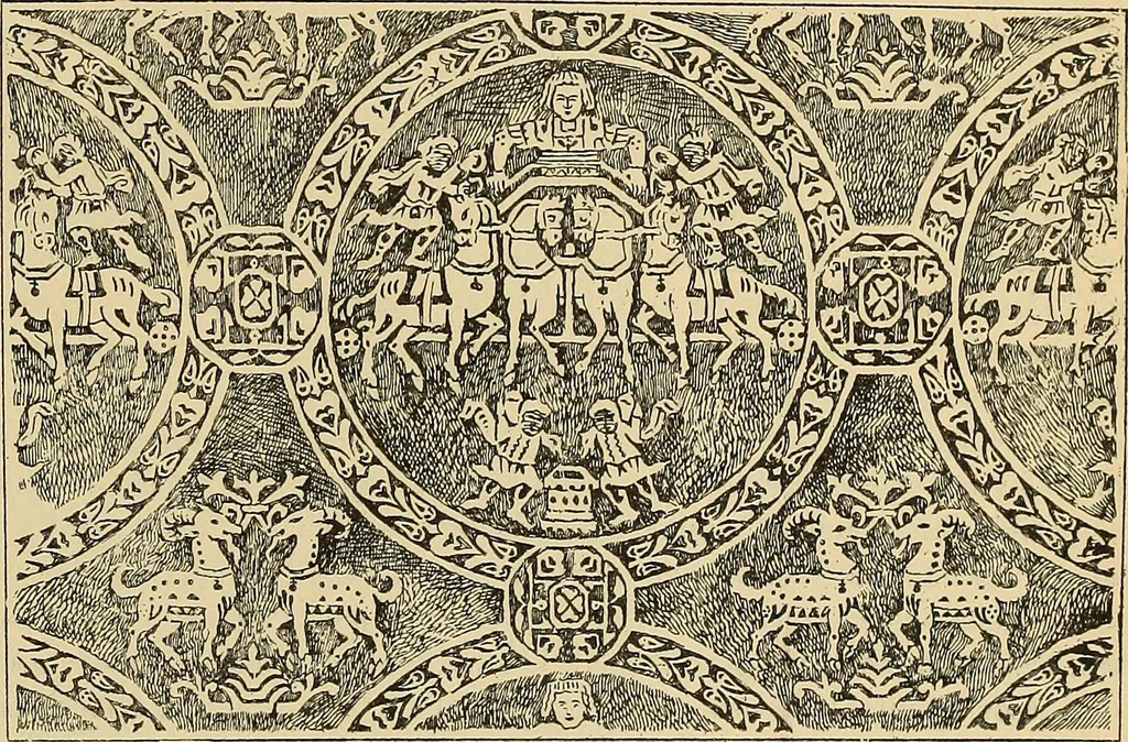 An illustration from L'arte nell'industria : lavori di legno e pastiglia, lavori di metallo, lavori di pietra, marmo, alabastro, ceramica, musaico, vetro, lavori di osso e avorio, lavori tessili, carte da parati e cuoi decorati, ricami, pizzi, cartelloni, stampe, ecc., 1907, leaf 116