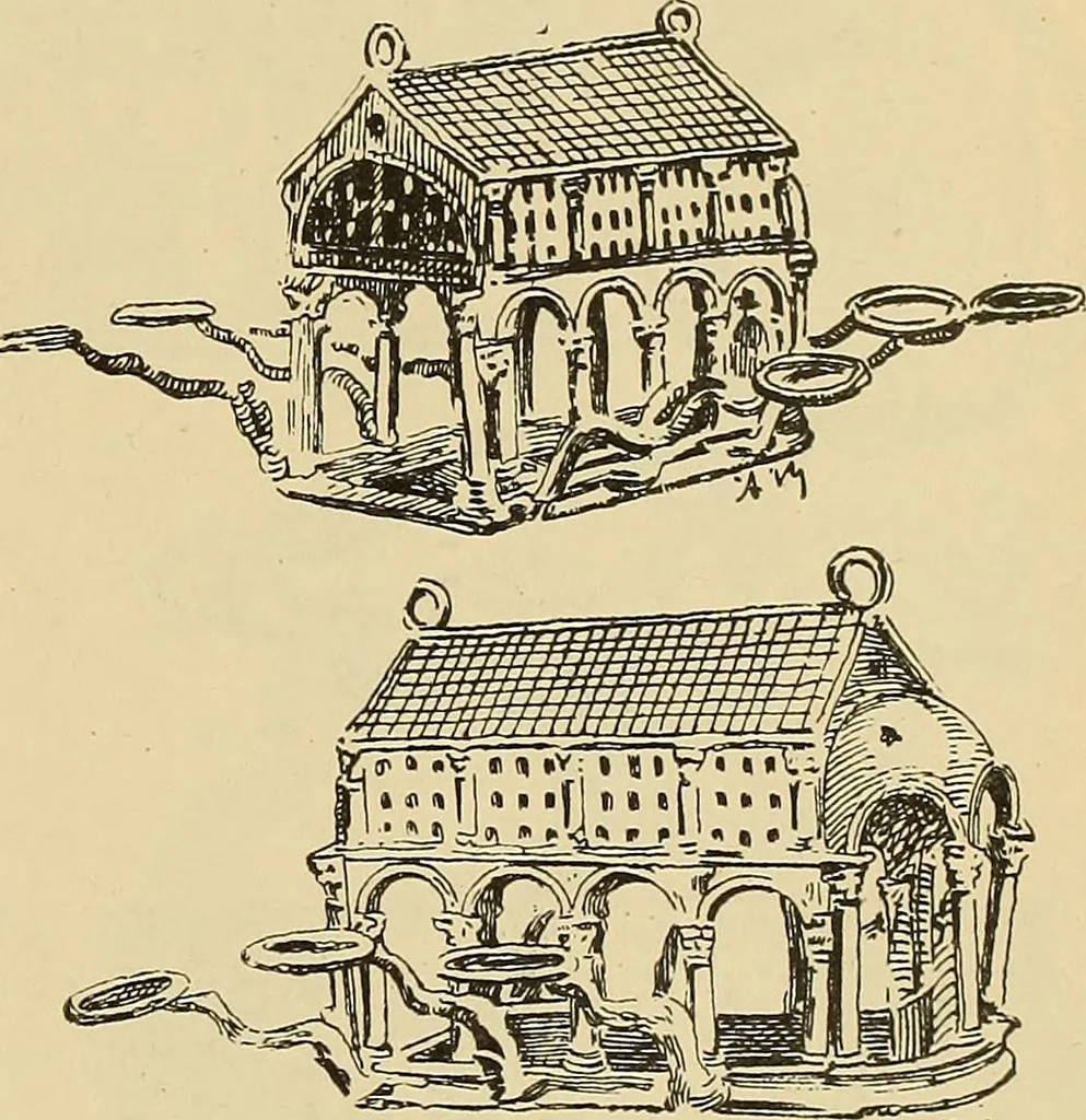 An illustration from L'arte nell'industria : lavori di legno e pastiglia, lavori di metallo, lavori di pietra, marmo, alabastro, ceramica, musaico, vetro, lavori di osso e avorio, lavori tessili, carte da parati e cuoi decorati, ricami, pizzi, cartelloni, stampe, ecc., 1907, leaf 130