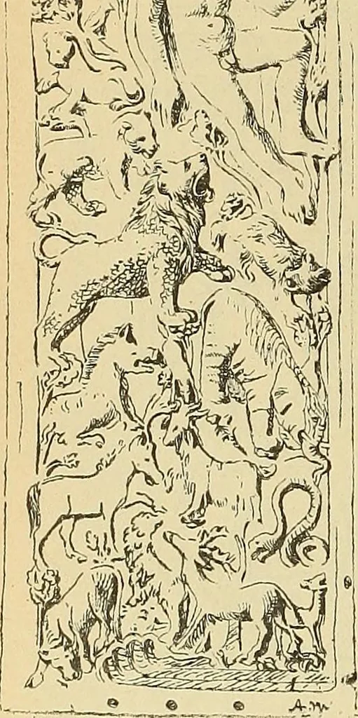 An illustration from L'arte nell'industria : lavori di legno e pastiglia, lavori di metallo, lavori di pietra, marmo, alabastro, ceramica, musaico, vetro, lavori di osso e avorio, lavori tessili, carte da parati e cuoi decorati, ricami, pizzi, cartelloni, stampe, ecc., 1907, leaf 165