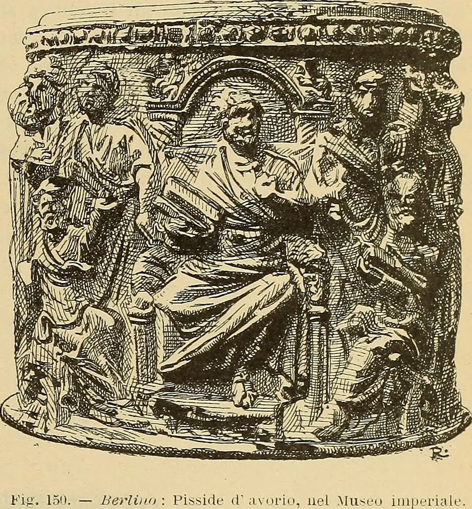 An illustration from L'arte nell'industria : lavori di legno e pastiglia, lavori di metallo, lavori di pietra, marmo, alabastro, ceramica, musaico, vetro, lavori di osso e avorio, lavori tessili, carte da parati e cuoi decorati, ricami, pizzi, cartelloni, stampe, ecc., 1907, leaf 172