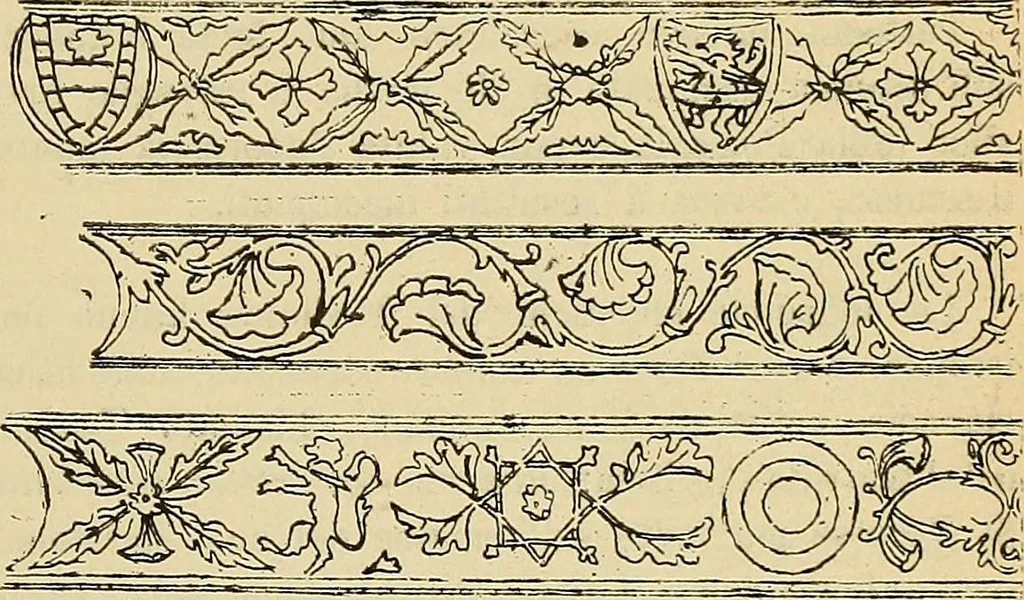 An illustration from L'arte nell'industria : lavori di legno e pastiglia, lavori di metallo, lavori di pietra, marmo, alabastro, ceramica, musaico, vetro, lavori di osso e avorio, lavori tessili, carte da parati e cuoi decorati, ricami, pizzi, cartelloni, stampe, ecc., 1907, leaf 180