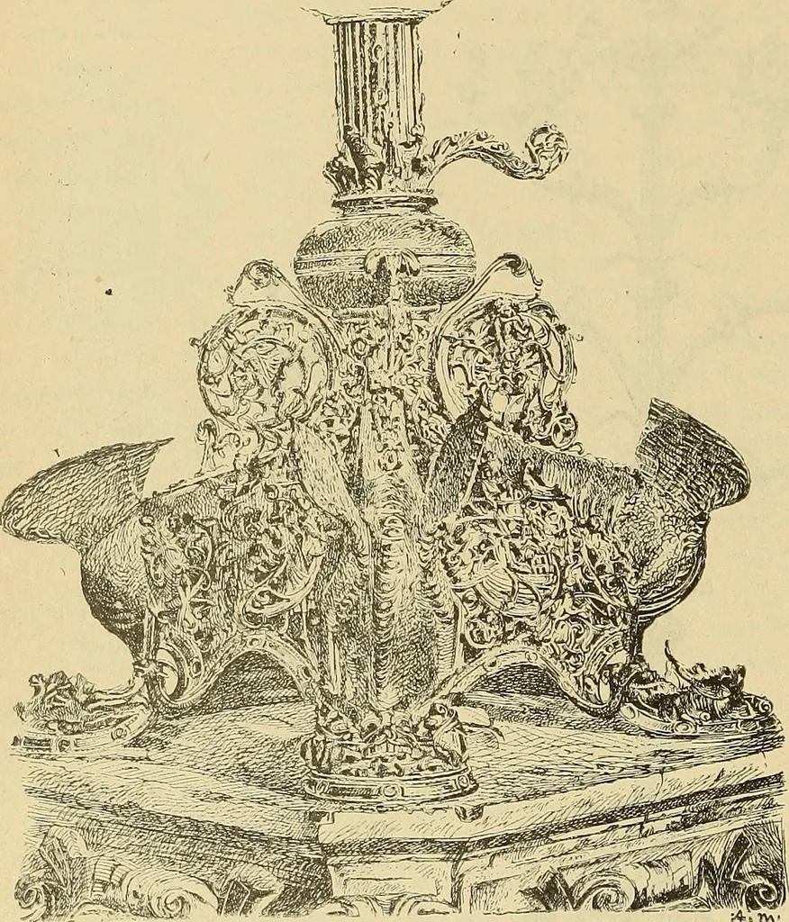 An illustration from L'arte nell'industria : lavori di legno e pastiglia, lavori di metallo, lavori di pietra, marmo, alabastro, ceramica, musaico, vetro, lavori di osso e avorio, lavori tessili, carte da parati e cuoi decorati, ricami, pizzi, cartelloni, stampe, ecc., 1907, leaf 205