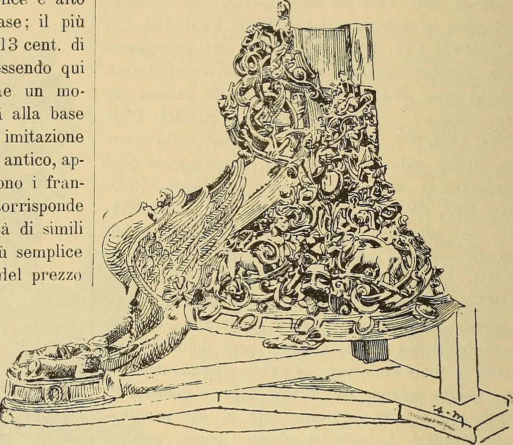 An illustration from L'arte nell'industria : lavori di legno e pastiglia, lavori di metallo, lavori di pietra, marmo, alabastro, ceramica, musaico, vetro, lavori di osso e avorio, lavori tessili, carte da parati e cuoi decorati, ricami, pizzi, cartelloni, stampe, ecc., 1907, leaf 207