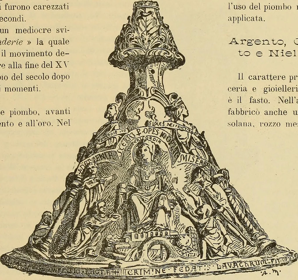 An illustration from L'arte nell'industria : lavori di legno e pastiglia, lavori di metallo, lavori di pietra, marmo, alabastro, ceramica, musaico, vetro, lavori di osso e avorio, lavori tessili, carte da parati e cuoi decorati, ricami, pizzi, cartelloni, stampe, ecc., 1907, leaf 208