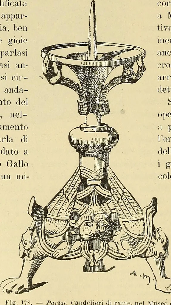 An illustration from L'arte nell'industria : lavori di legno e pastiglia, lavori di metallo, lavori di pietra, marmo, alabastro, ceramica, musaico, vetro, lavori di osso e avorio, lavori tessili, carte da parati e cuoi decorati, ricami, pizzi, cartelloni, stampe, ecc., 1907, leaf 211