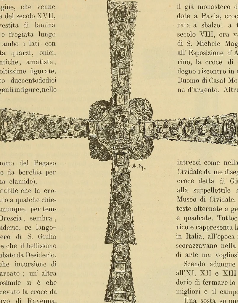 An illustration from L'arte nell'industria : lavori di legno e pastiglia, lavori di metallo, lavori di pietra, marmo, alabastro, ceramica, musaico, vetro, lavori di osso e avorio, lavori tessili, carte da parati e cuoi decorati, ricami, pizzi, cartelloni, stampe, ecc., 1907, leaf 222