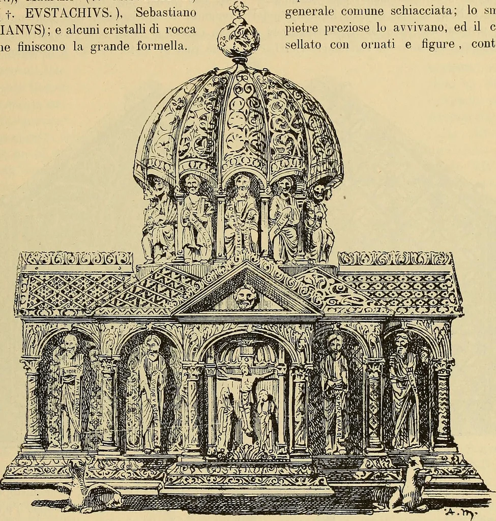 An illustration from L'arte nell'industria : lavori di legno e pastiglia, lavori di metallo, lavori di pietra, marmo, alabastro, ceramica, musaico, vetro, lavori di osso e avorio, lavori tessili, carte da parati e cuoi decorati, ricami, pizzi, cartelloni, stampe, ecc., 1907, leaf 230