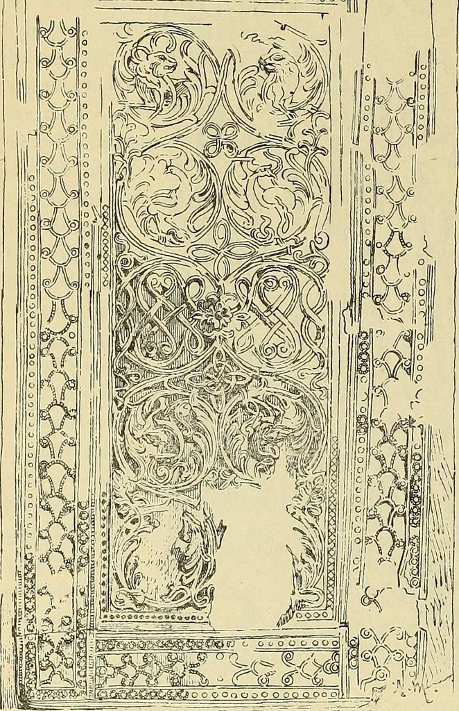 An illustration from L'arte nell'industria : lavori di legno e pastiglia, lavori di metallo, lavori di pietra, marmo, alabastro, ceramica, musaico, vetro, lavori di osso e avorio, lavori tessili, carte da parati e cuoi decorati, ricami, pizzi, cartelloni, stampe, ecc., 1907, leaf 295