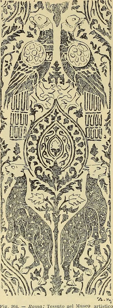 An illustration from L'arte nell'industria : lavori di legno e pastiglia, lavori di metallo, lavori di pietra, marmo, alabastro, ceramica, musaico, vetro, lavori di osso e avorio, lavori tessili, carte da parati e cuoi decorati, ricami, pizzi, cartelloni, stampe, ecc., 1907, leaf 317