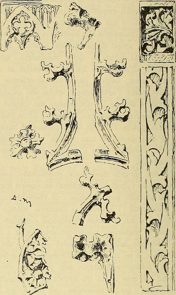 An illustration from L'arte nell'industria : lavori di legno e pastiglia, lavori di metallo, lavori di pietra, marmo, alabastro, ceramica, musaico, vetro, lavori di osso e avorio, lavori tessili, carte da parati e cuoi decorati, ricami, pizzi, cartelloni, stampe, ecc., 1907, leaf 349