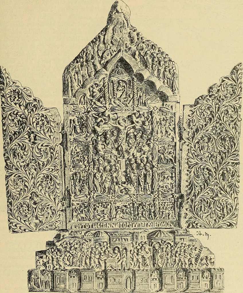 An illustration from L'arte nell'industria : lavori di legno e pastiglia, lavori di metallo, lavori di pietra, marmo, alabastro, ceramica, musaico, vetro, lavori di osso e avorio, lavori tessili, carte da parati e cuoi decorati, ricami, pizzi, cartelloni, stampe, ecc., 1907, leaf 354
