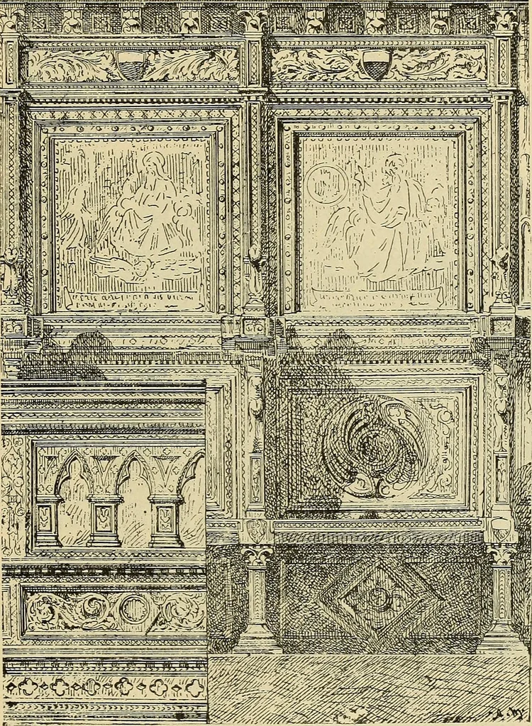An illustration from L'arte nell'industria : lavori di legno e pastiglia, lavori di metallo, lavori di pietra, marmo, alabastro, ceramica, musaico, vetro, lavori di osso e avorio, lavori tessili, carte da parati e cuoi decorati, ricami, pizzi, cartelloni, stampe, ecc., 1907, leaf 360