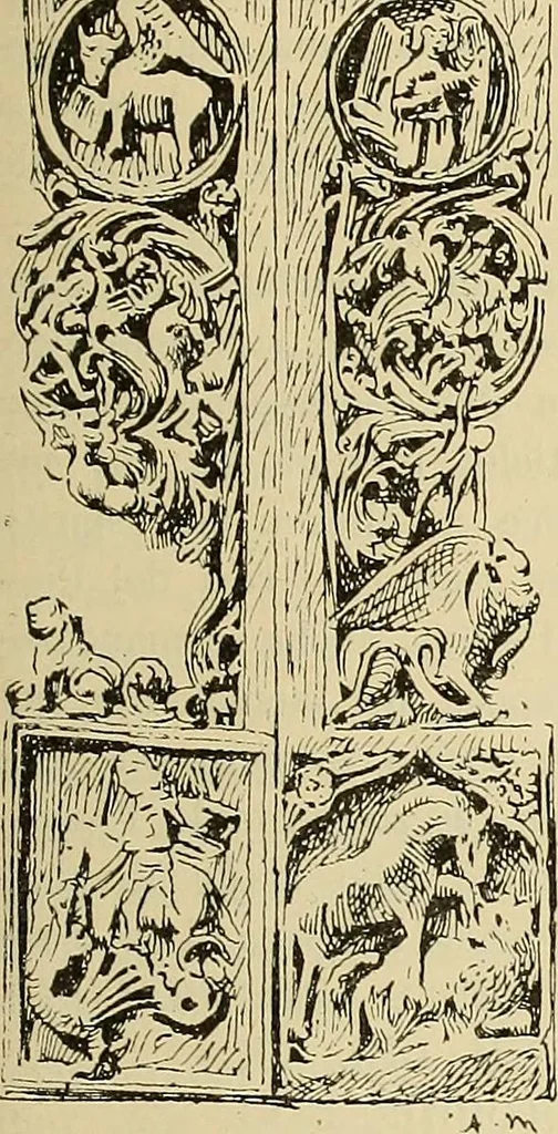 An illustration from L'arte nell'industria : lavori di legno e pastiglia, lavori di metallo, lavori di pietra, marmo, alabastro, ceramica, musaico, vetro, lavori di osso e avorio, lavori tessili, carte da parati e cuoi decorati, ricami, pizzi, cartelloni, stampe, ecc., 1907, leaf 370