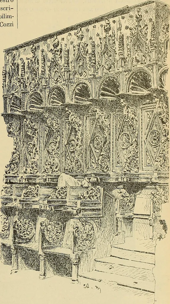 An illustration from L'arte nell'industria : lavori di legno e pastiglia, lavori di metallo, lavori di pietra, marmo, alabastro, ceramica, musaico, vetro, lavori di osso e avorio, lavori tessili, carte da parati e cuoi decorati, ricami, pizzi, cartelloni, stampe, ecc., 1907, leaf 378