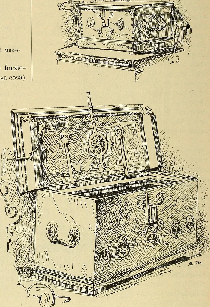 An illustration from L'arte nell'industria : lavori di legno e pastiglia, lavori di metallo, lavori di pietra, marmo, alabastro, ceramica, musaico, vetro, lavori di osso e avorio, lavori tessili, carte da parati e cuoi decorati, ricami, pizzi, cartelloni, stampe, ecc., 1907, leaf 387