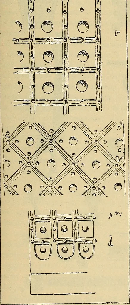 An illustration from L'arte nell'industria : lavori di legno e pastiglia, lavori di metallo, lavori di pietra, marmo, alabastro, ceramica, musaico, vetro, lavori di osso e avorio, lavori tessili, carte da parati e cuoi decorati, ricami, pizzi, cartelloni, stampe, ecc., 1907, leaf 404