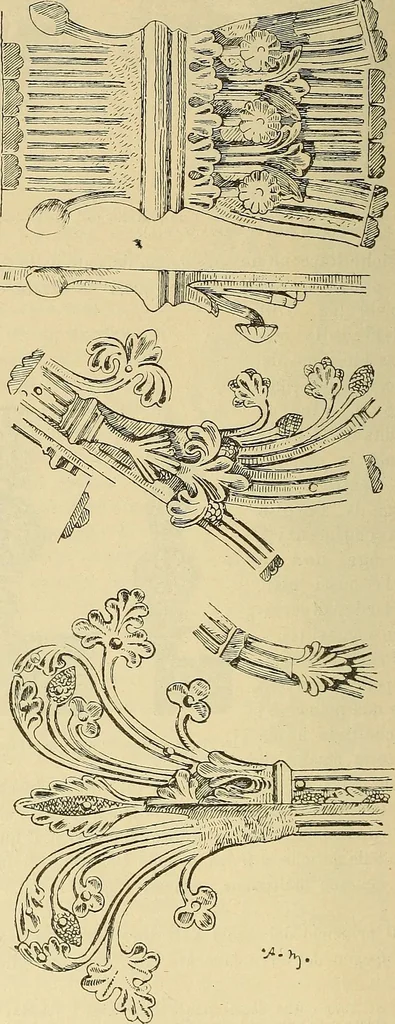 An illustration from L'arte nell'industria : lavori di legno e pastiglia, lavori di metallo, lavori di pietra, marmo, alabastro, ceramica, musaico, vetro, lavori di osso e avorio, lavori tessili, carte da parati e cuoi decorati, ricami, pizzi, cartelloni, stampe, ecc., 1907, leaf 413
