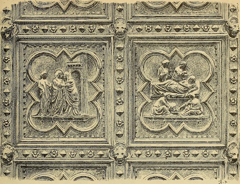 An illustration from L'arte nell'industria : lavori di legno e pastiglia, lavori di metallo, lavori di pietra, marmo, alabastro, ceramica, musaico, vetro, lavori di osso e avorio, lavori tessili, carte da parati e cuoi decorati, ricami, pizzi, cartelloni, stampe, ecc., 1907, leaf 420