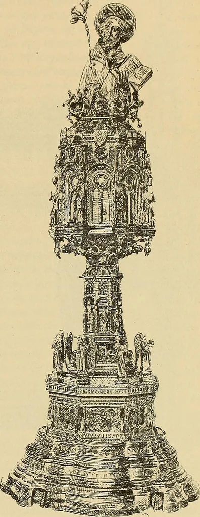 An illustration from L'arte nell'industria : lavori di legno e pastiglia, lavori di metallo, lavori di pietra, marmo, alabastro, ceramica, musaico, vetro, lavori di osso e avorio, lavori tessili, carte da parati e cuoi decorati, ricami, pizzi, cartelloni, stampe, ecc., 1907, leaf 448