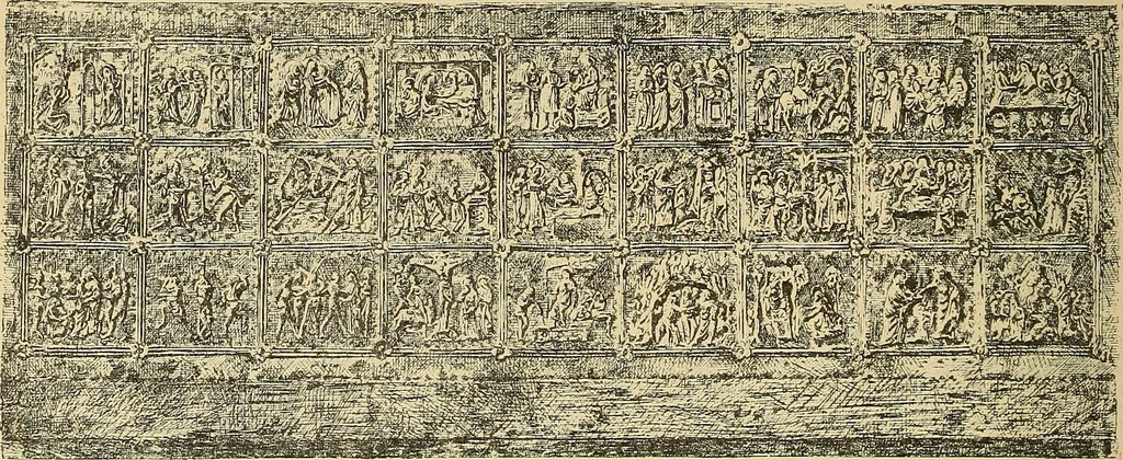 An illustration from L'arte nell'industria : lavori di legno e pastiglia, lavori di metallo, lavori di pietra, marmo, alabastro, ceramica, musaico, vetro, lavori di osso e avorio, lavori tessili, carte da parati e cuoi decorati, ricami, pizzi, cartelloni, stampe, ecc., 1907, leaf 471