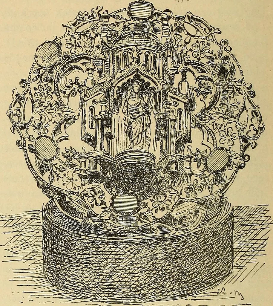 An illustration from L'arte nell'industria : lavori di legno e pastiglia, lavori di metallo, lavori di pietra, marmo, alabastro, ceramica, musaico, vetro, lavori di osso e avorio, lavori tessili, carte da parati e cuoi decorati, ricami, pizzi, cartelloni, stampe, ecc., 1907, leaf 481