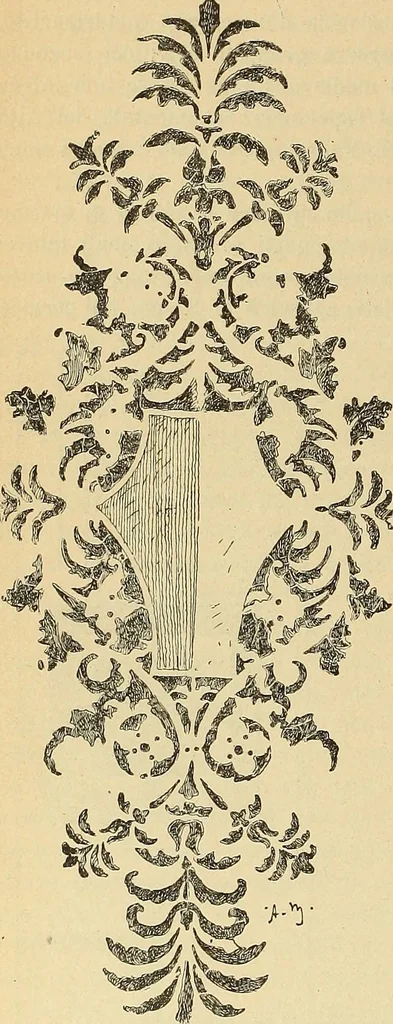An illustration from L'arte nell'industria : lavori di legno e pastiglia, lavori di metallo, lavori di pietra, marmo, alabastro, ceramica, musaico, vetro, lavori di osso e avorio, lavori tessili, carte da parati e cuoi decorati, ricami, pizzi, cartelloni, stampe, ecc., 1907, leaf 485