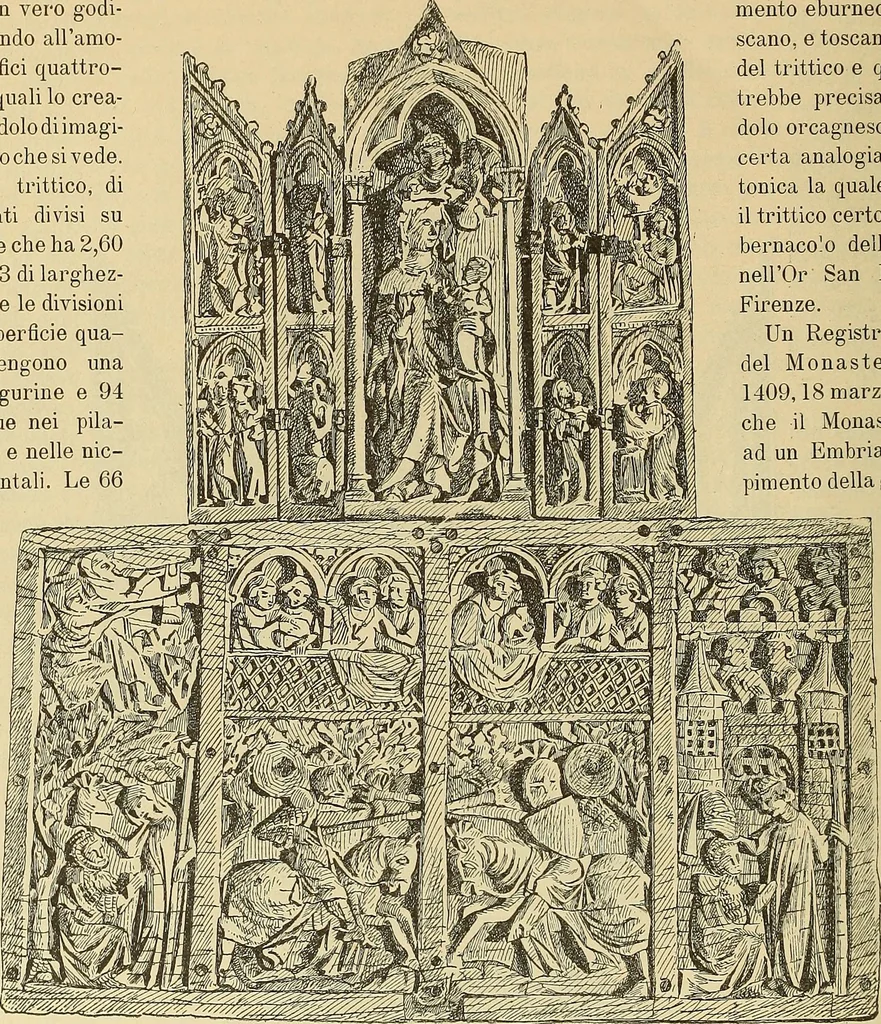 An illustration from L'arte nell'industria : lavori di legno e pastiglia, lavori di metallo, lavori di pietra, marmo, alabastro, ceramica, musaico, vetro, lavori di osso e avorio, lavori tessili, carte da parati e cuoi decorati, ricami, pizzi, cartelloni, stampe, ecc., 1907, leaf 503