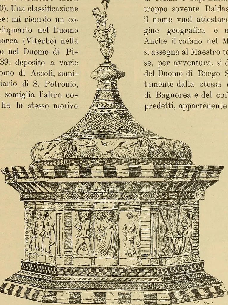 An illustration from L'arte nell'industria : lavori di legno e pastiglia, lavori di metallo, lavori di pietra, marmo, alabastro, ceramica, musaico, vetro, lavori di osso e avorio, lavori tessili, carte da parati e cuoi decorati, ricami, pizzi, cartelloni, stampe, ecc., 1907, leaf 508