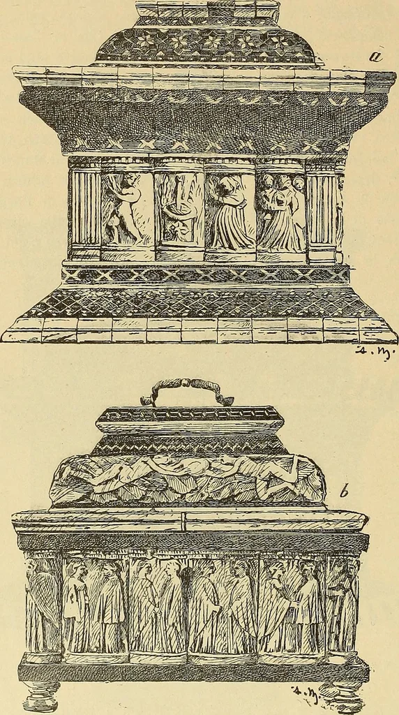 An illustration from L'arte nell'industria : lavori di legno e pastiglia, lavori di metallo, lavori di pietra, marmo, alabastro, ceramica, musaico, vetro, lavori di osso e avorio, lavori tessili, carte da parati e cuoi decorati, ricami, pizzi, cartelloni, stampe, ecc., 1907, leaf 509