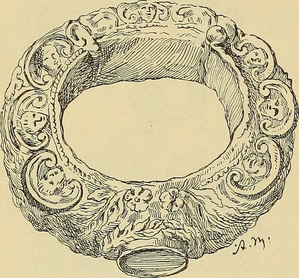 An illustration from L'arte nell'industria : lavori di legno e pastiglia, lavori di metallo, lavori di pietra, marmo, alabastro, ceramica, musaico, vetro, lavori di osso e avorio, lavori tessili, carte da parati e cuoi decorati, ricami, pizzi, cartelloni, stampe, ecc., 1907, leaf 75