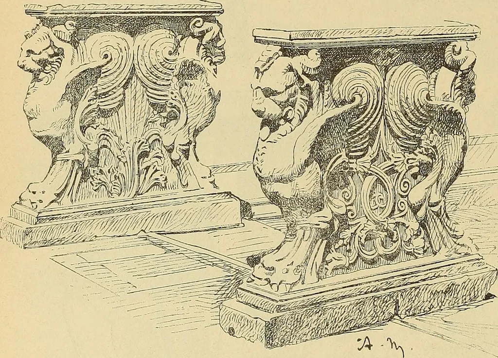 An illustration from L'arte nell'industria : lavori di legno e pastiglia, lavori di metallo, lavori di pietra, marmo, alabastro, ceramica, musaico, vetro, lavori di osso e avorio, lavori tessili, carte da parati e cuoi decorati, ricami, pizzi, cartelloni, stampe, ecc., 1907, leaf 85