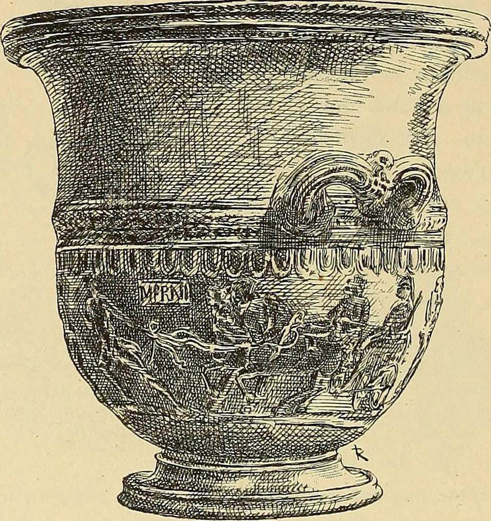 An illustration from L'arte nell'industria : lavori di legno e pastiglia, lavori di metallo, lavori di pietra, marmo, alabastro, ceramica, musaico, vetro, lavori di osso e avorio, lavori tessili, carte da parati e cuoi decorati, ricami, pizzi, cartelloni, stampe, ecc., 1907, leaf 95