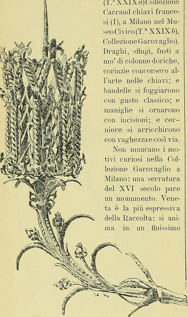 An illustration from L'arte nell'industria : lavori di legno e pastiglia, lavori di metallo, lavori di pietra, marmo, alabastro, ceramica, musaico, vetro, lavori di osso e avorio, lavori tessili, carte da parati e cuoi decorati, ricami, pizzi, cartelloni, stampe, ecc., 1907, leaf 115