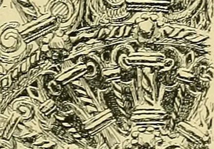 An illustration from L'arte nell'industria : lavori di legno e pastiglia, lavori di metallo, lavori di pietra, marmo, alabastro, ceramica, musaico, vetro, lavori di osso e avorio, lavori tessili, carte da parati e cuoi decorati, ricami, pizzi, cartelloni, stampe, ecc., 1907, leaf 118