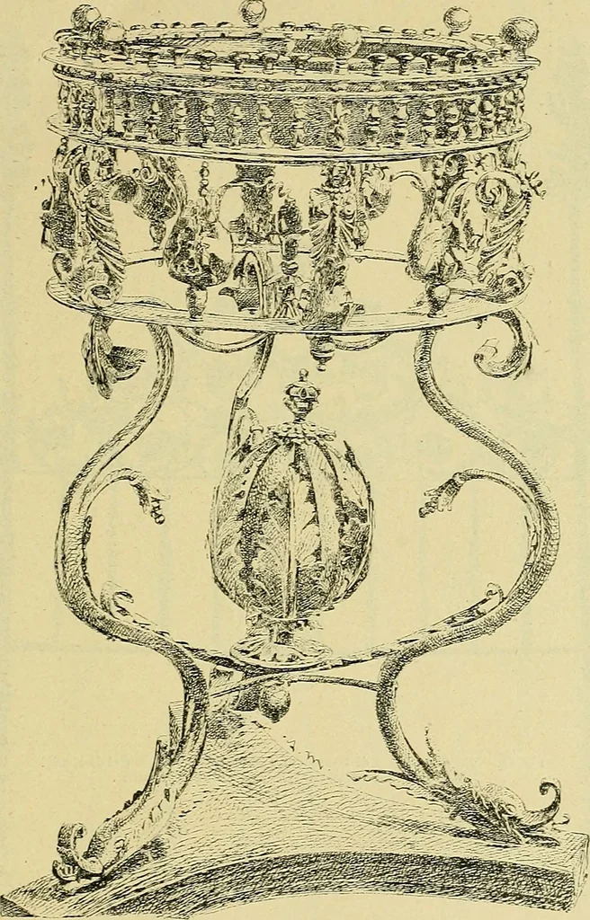 An illustration from L'arte nell'industria : lavori di legno e pastiglia, lavori di metallo, lavori di pietra, marmo, alabastro, ceramica, musaico, vetro, lavori di osso e avorio, lavori tessili, carte da parati e cuoi decorati, ricami, pizzi, cartelloni, stampe, ecc., 1907, leaf 120
