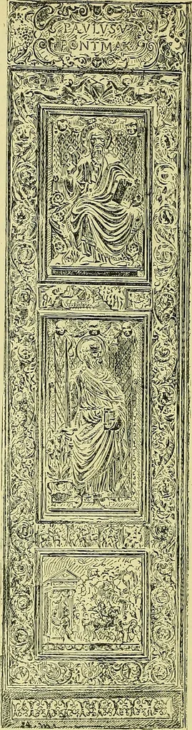 An illustration from L'arte nell'industria : lavori di legno e pastiglia, lavori di metallo, lavori di pietra, marmo, alabastro, ceramica, musaico, vetro, lavori di osso e avorio, lavori tessili, carte da parati e cuoi decorati, ricami, pizzi, cartelloni, stampe, ecc., 1907, leaf 129