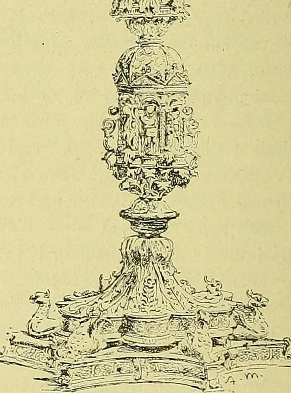 An illustration from L'arte nell'industria : lavori di legno e pastiglia, lavori di metallo, lavori di pietra, marmo, alabastro, ceramica, musaico, vetro, lavori di osso e avorio, lavori tessili, carte da parati e cuoi decorati, ricami, pizzi, cartelloni, stampe, ecc., 1907, leaf 159