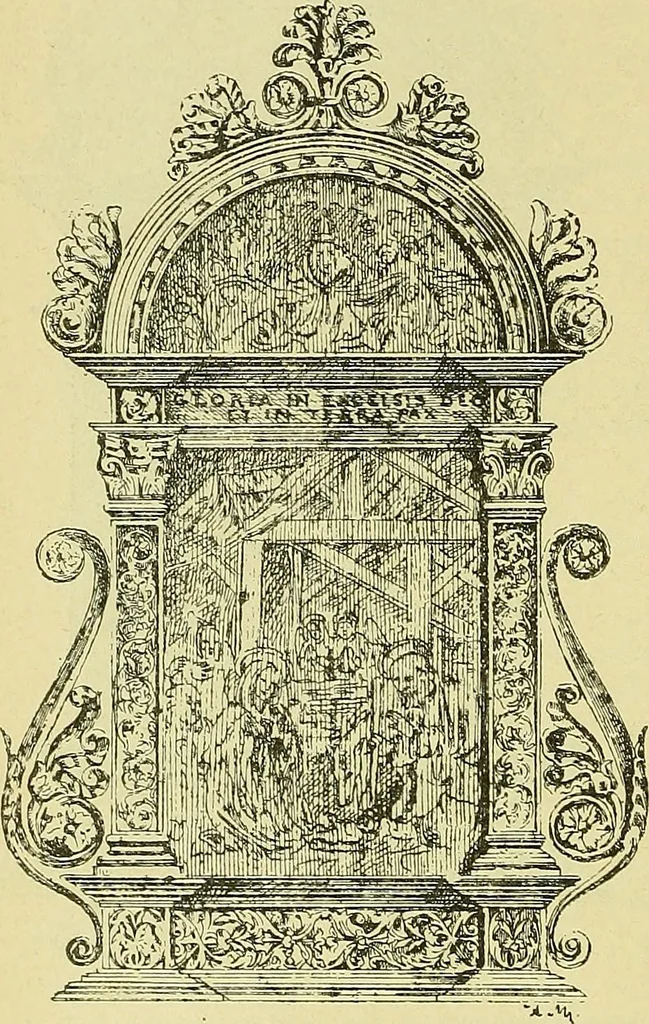 An illustration from L'arte nell'industria : lavori di legno e pastiglia, lavori di metallo, lavori di pietra, marmo, alabastro, ceramica, musaico, vetro, lavori di osso e avorio, lavori tessili, carte da parati e cuoi decorati, ricami, pizzi, cartelloni, stampe, ecc., 1907, leaf 161