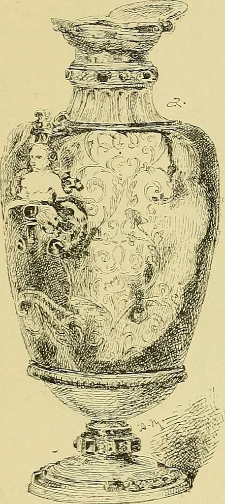 An illustration from L'arte nell'industria : lavori di legno e pastiglia, lavori di metallo, lavori di pietra, marmo, alabastro, ceramica, musaico, vetro, lavori di osso e avorio, lavori tessili, carte da parati e cuoi decorati, ricami, pizzi, cartelloni, stampe, ecc., 1907, leaf 170