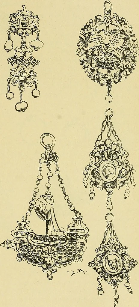 An illustration from L'arte nell'industria : lavori di legno e pastiglia, lavori di metallo, lavori di pietra, marmo, alabastro, ceramica, musaico, vetro, lavori di osso e avorio, lavori tessili, carte da parati e cuoi decorati, ricami, pizzi, cartelloni, stampe, ecc., 1907, leaf 182