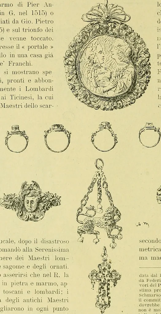 An illustration from L'arte nell'industria : lavori di legno e pastiglia, lavori di metallo, lavori di pietra, marmo, alabastro, ceramica, musaico, vetro, lavori di osso e avorio, lavori tessili, carte da parati e cuoi decorati, ricami, pizzi, cartelloni, stampe, ecc., 1907, leaf 183
